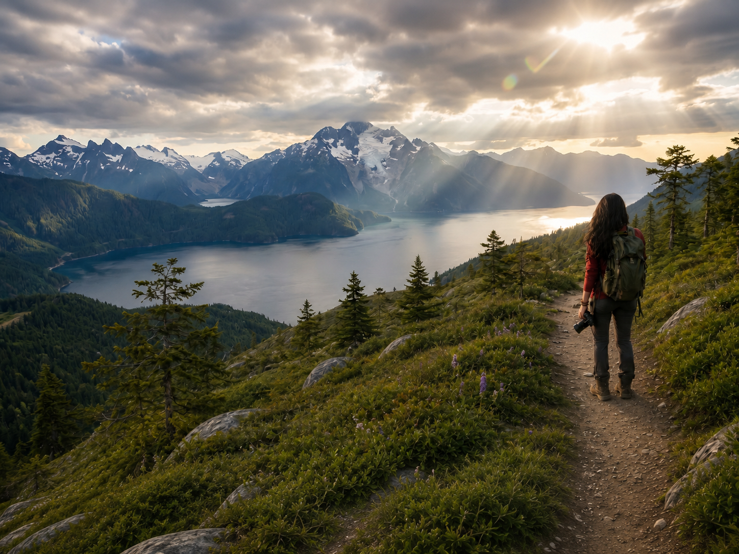Hikers on a wide mountain ridge at sunset