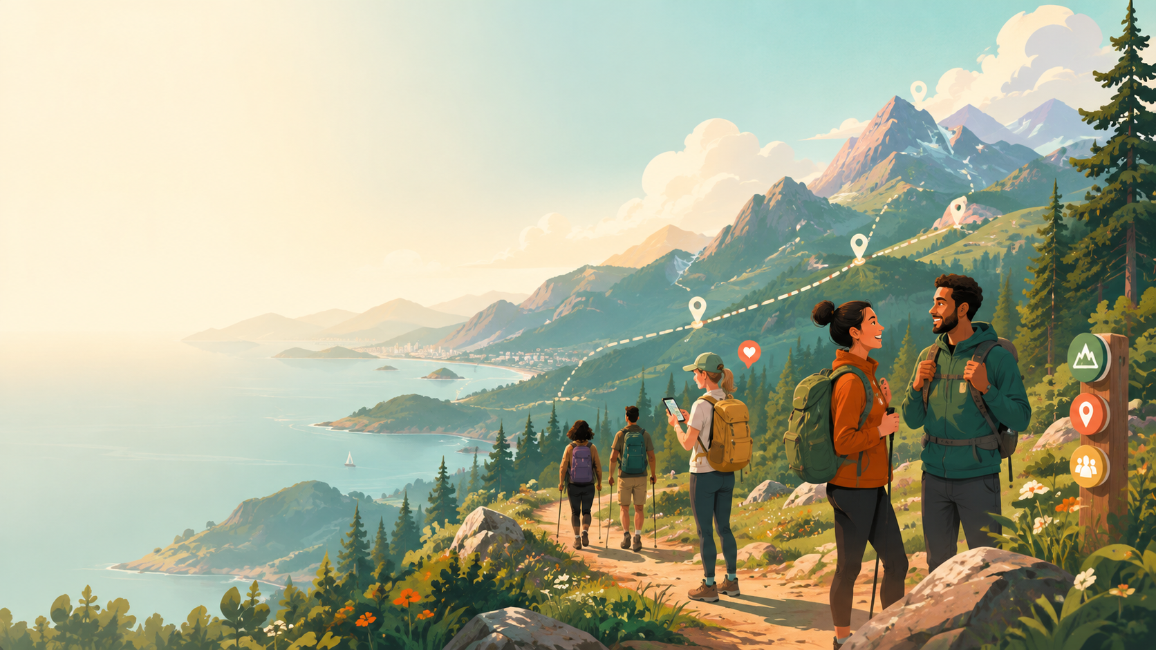 Hikers on a mountain trail overlooking a coastal valley