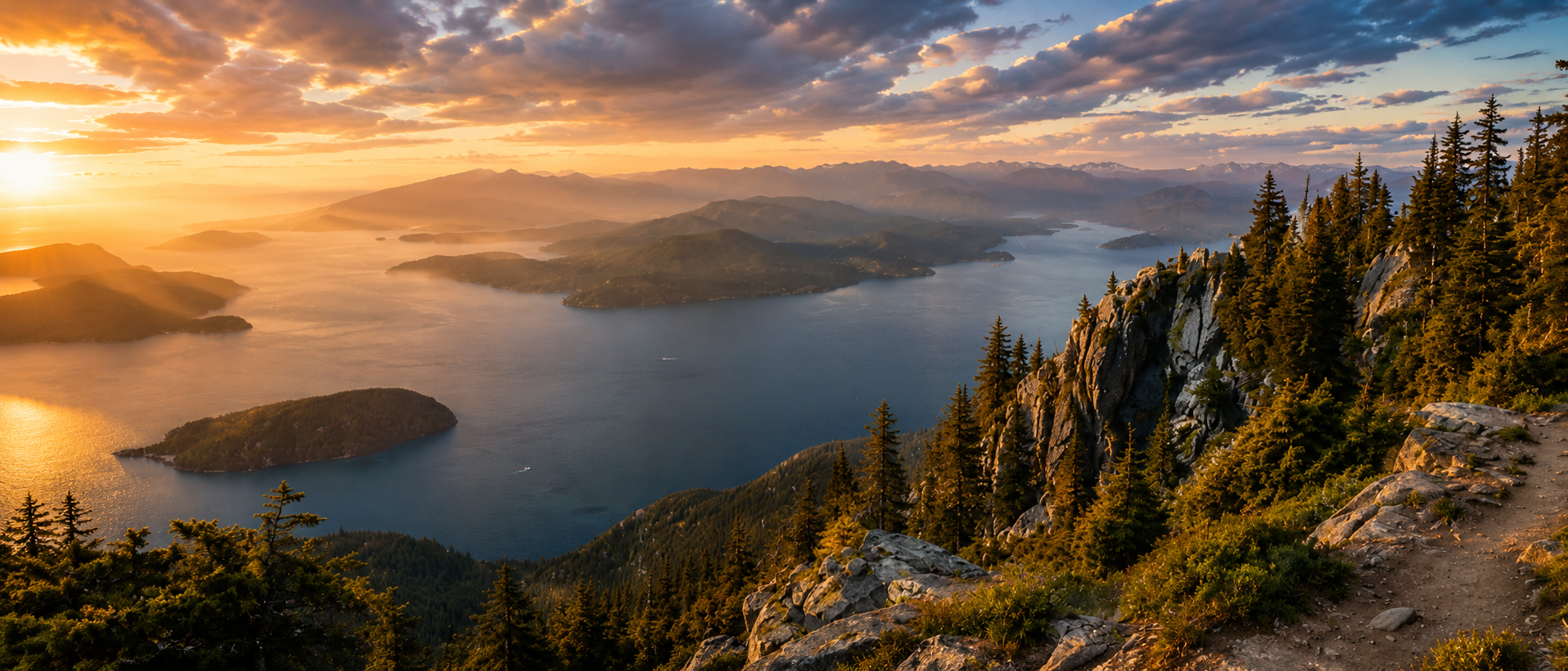 Hikers on a wide mountain ridge at sunset